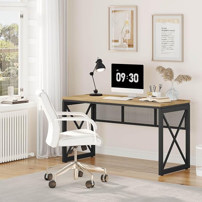 BON AUGURE Farmhouse Computer Desk Modern Industrial Home Office Desks Wood Metal Study Writing Table Sturdy Gaming Desk (Vintage Oak 54 Inch)