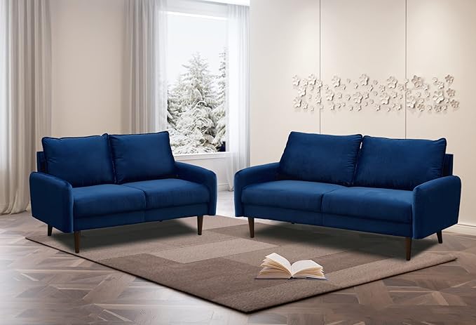 INSTORY Velvet Sofa Mid-Century Modern Couch with Wooden Legs for Living Room - Space Blue