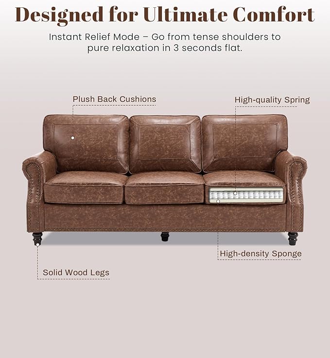 WILLOVE 3 Seater Sofa with 2 Chair Mid-Century Modern Faux Leather Couch Set for Living Room Darkbrown with Rolled Arms &amp Nailhead Trim Easy Assembly Darkbrown