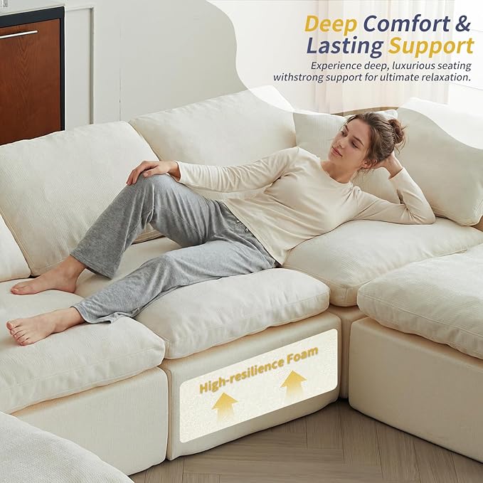 138 Cloud Sectional Couches for Living Room Convertible U-Shape Boneless Couch with Ottoman 6-Seater Compressed Sofa Modular Sectional Sofa (6-Seater Grey)