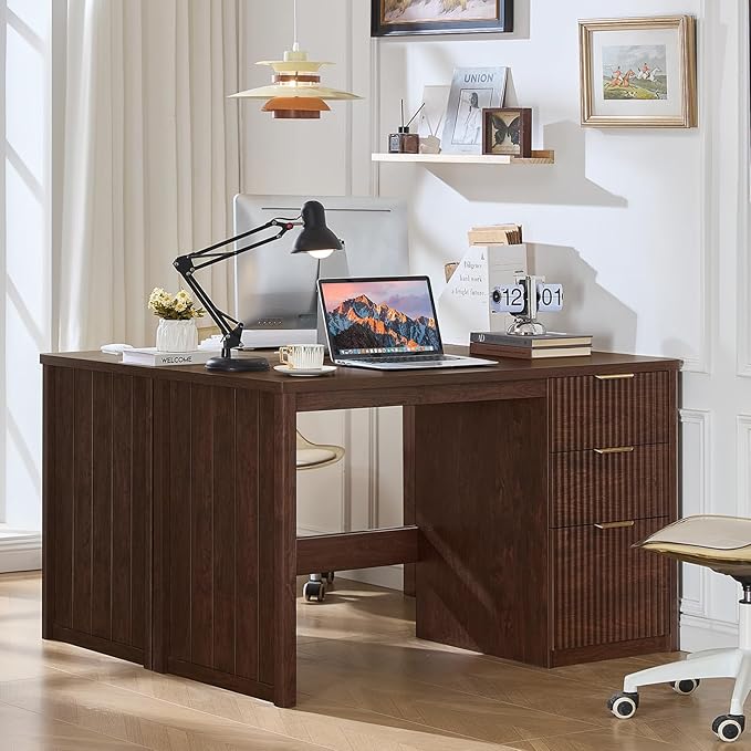 LEYAOYAO Office Desk 48 with 3 Drawers Storage File Cabinet Wood Fluted Desk for Computer Office Bedroom Home Furniture Walnut