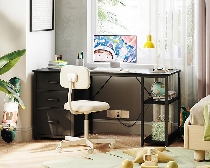 AODK 51 Inch Computer Desk with Fabric Drawers &amp USB Power Outlets Reversible Home Office Desk with Storage Shelves Work from Home Modern Work/Writing/Study Table for Bedroom Black