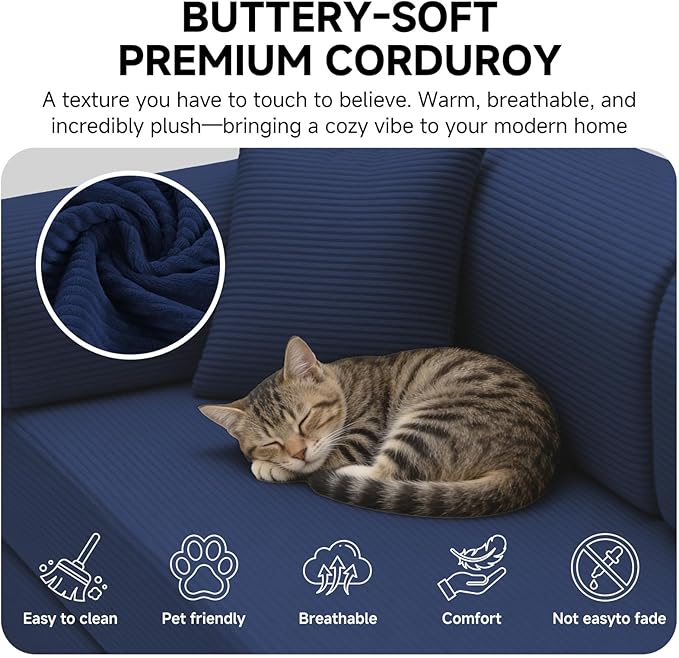 106” Cloud Sectional Couch L-Shaped Sofa with Right Facing Chaise Corduroy Boneless Couches Compressed Modular Sectional Sofa with Deep Seat High Backrest Headrest (Blue)