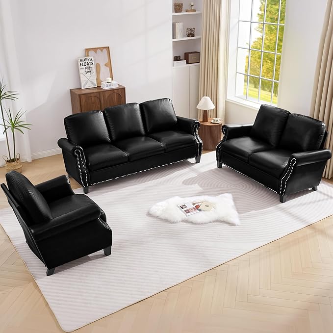 AVZEAR 3-Piece Sectional Sofa Set PU Leather SofaSmall Couch Set Mid Century Modern Couches with Classic Tufted Button Comfy 1+2+3 Seater Couch for Living Room Black