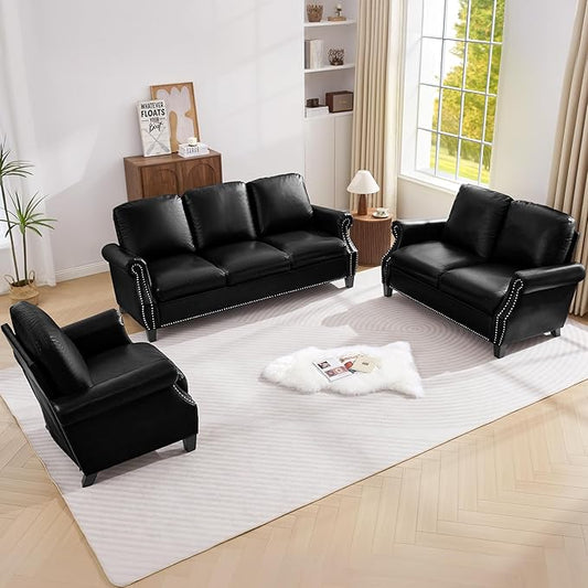 AVZEAR 3-Piece Sectional Sofa Set PU Leather SofaSmall Couch Set Mid Century Modern Couches with Classic Tufted Button Comfy 1+2+3 Seater Couch for Living Room Black