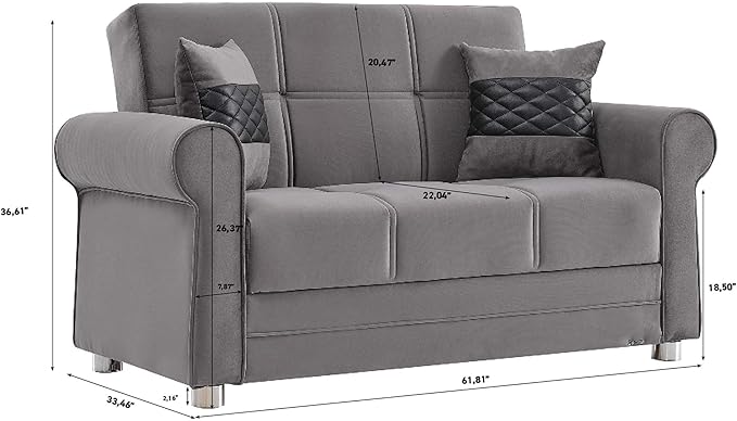 Sweet Home Stores 61 Loveseat with Storage Firm Fabric 2 Seater Convertible Small Sleeper Couch Bed for Living Room or Home Office Gray