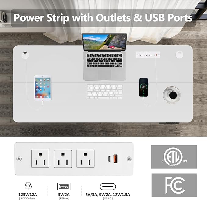 Electric Standing Desk 48x24in Adjustable Height Computer Desk with Wheels Sit-Stand Desk with Charging Station 2 USB Ports 3 Power Outlets Spacious Workstation for Home Office(White)