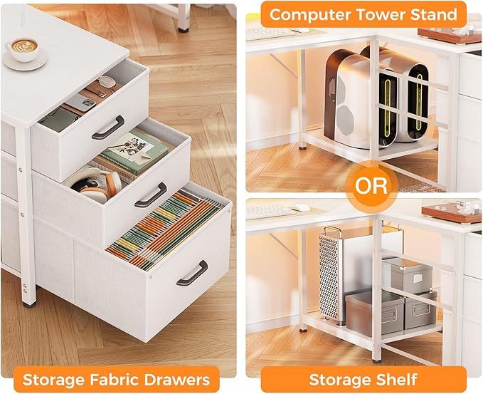 Casaottima 94 Inch 2 Person Home Office Computer Desk with Power Outlet Fabric Drawers &amp File Cabinet Long Writing Desk with Monitor Stand Storage Shelves Study/Work Table White