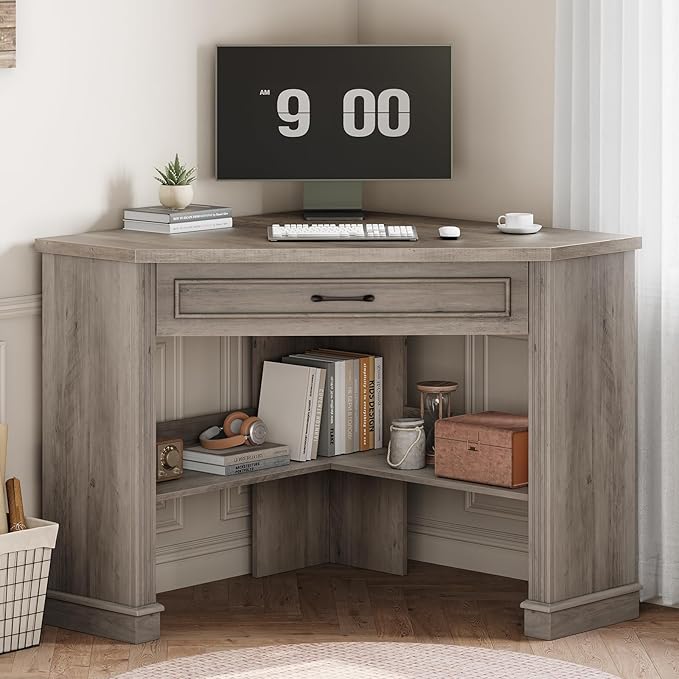 SEDETA 31.5 Small Corner Desk Corner Desk for Small Space Farmhouse Computer Desk with Drawers Triangle Computer Desk with Storage Shelves for Home Office Living Room Bedroom Gray