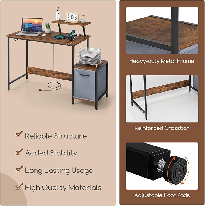 Giantex Computer Desk with Drawer and Power Outlet Home Office Desk with Reversible Storage Drawer &amp Raised Shelf Computer Workstation with Hook Industrial Study Writing Desk for Study Bedroom