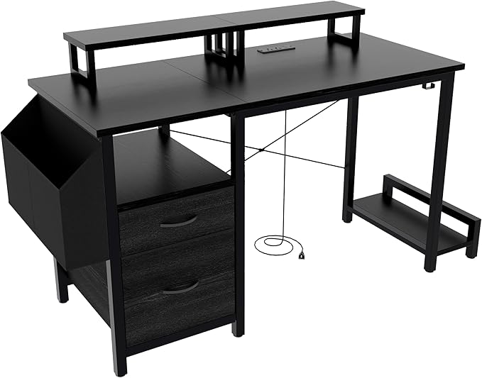 Modern 47 Home Office Writing Desk with Power Outlet &amp 2 Drawers Gaming Desk w/ 2 Monitor Stands &amp Side Pocket for Office Crowd &amp Gaming Crowd (Black)