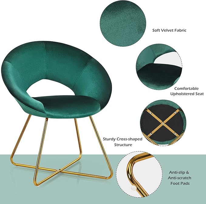 Giantex Modern Velvet Accent Chair Comfy Cute Upholstered Vanity Desk Chair Max Load 300 Lbs Decorative Mid Century Single Sofa Armchair for Living Room Bedroom Dining Room Green