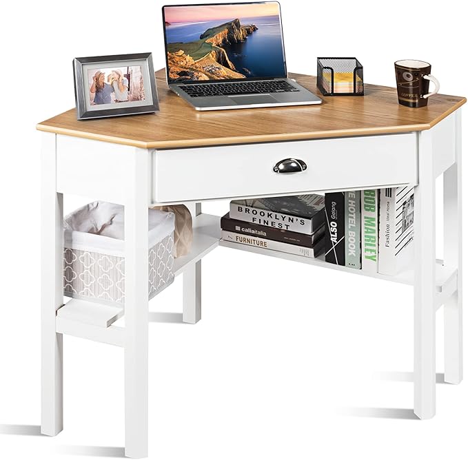 GOFLAME Computer Corner Desk Wood Compact Home Office Writing Worstation with Drawer and Shelves Laptop PC Corner Table for Small Space Home Office Natural &amp White