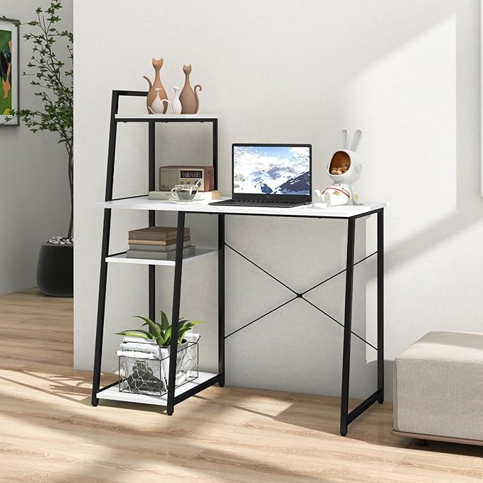 Giantex Computer Desk with Shelves 47.5” Home Office Desk with Bookshelf Host Stand Metal Frame PC Laptop Workstation Modern Study Writing Desk for Bedroom Small Space (White &amp Black)