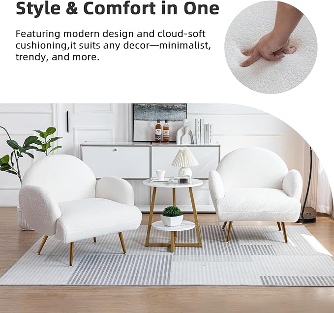 Accent Chair White with Golden Metal LegsReading Chair for Bedroom Comfy Boucle Sherpa Chair for Living Room Bedroom
