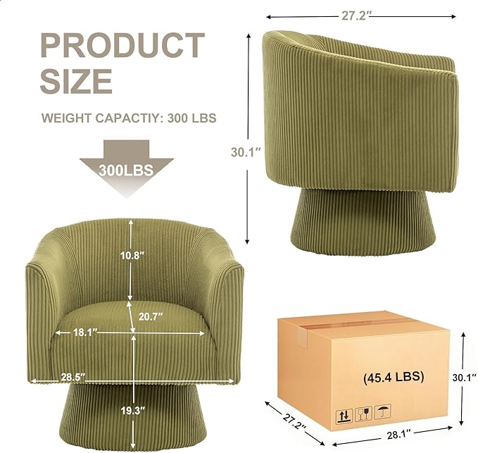 Swivel Accent Chair Modern 360° Barrel Chair Corduroy Upholstered Single Sofa for Living Room Bedroom(Green)