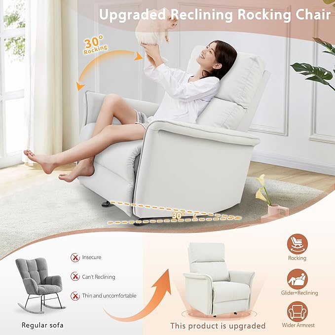 Manual Rocker Recliner Chair with Glider Motion for Nursery 150° Recline &amp Wide Armrests - Overstuffed Leather Nursery Chair for Small Spaces Living Room Bedroom