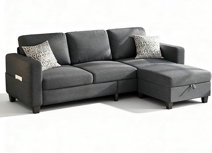 Youmumeub Sectional Couches for Living Room - Convertible Sofa and Storage Bench79''Modern Corner ConfigurationSuitable for Living Room Apartment Bedroom and Office-Dark Gray | Washable Covers Re