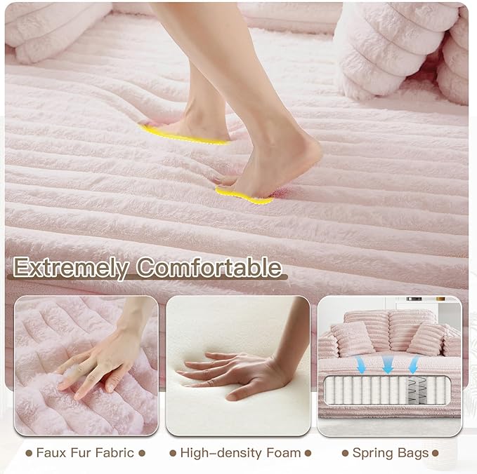 56 Oversized Chaise Lounge Chair IndoorPlush Faux Fur Sleeper Sofa Couch Bed with Pillows&ampWide ArmrestsFluffy Comfy Cloud CouchCompression Foam Couch for Living RoomBedroom(Pink)