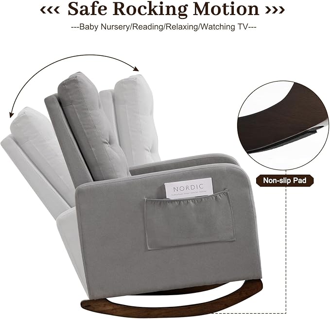 GarveeHome Upholstered Rocking Chair Accent Chair Nursery Rocking Chairs in Teddy Fabric with High Backrest Side Pocket and Rubber Wood Legs Comfy Nursing Chair for Living Room Gray (Gray)