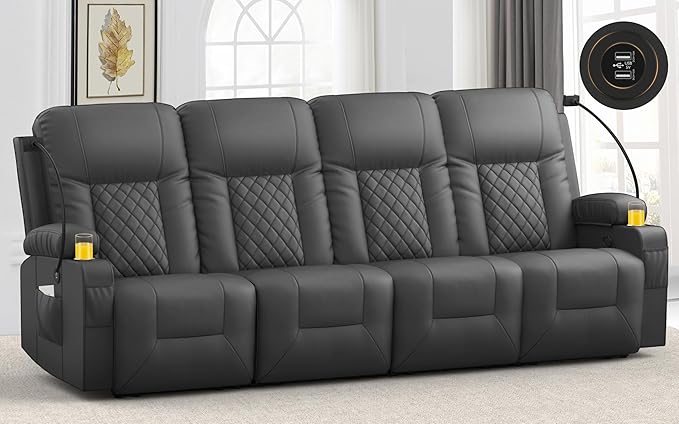 YONISEE 4 Seat Recliner Sofa Large Reclining Sofa with Storage Drawer Manual Recliner Couch with USB Ports 2 Cell Phone Holder 4 Seater Loveseat Recliner Couch for Living Room | Cell Phone Holder