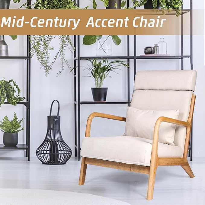 Mid Century Modern Living Room Chair Accent Chair with Extendable Headrest Single Sofa Chair Wood Frame Fabric Armchair Linen Reading Chair Upholstered Lounge Arm Chair (Beige)