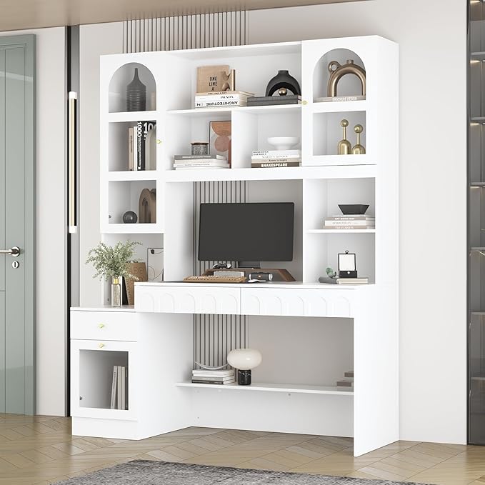 ECACAD Large Computer Desk with 79.1 Tall Bookshelf 62.4 L Corner Computer Desk with Glass Doors and Carved Arched Patterns Home Office Desk with 3 Drawers &amp 12 Shelves White