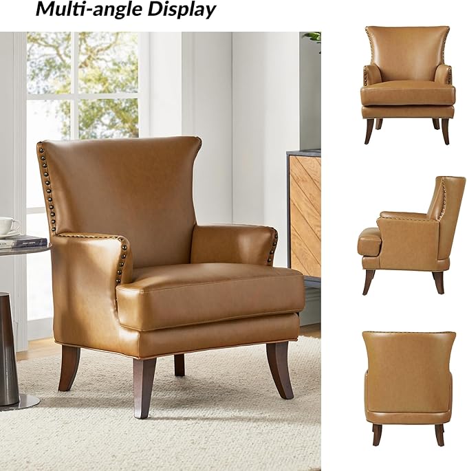 HULALA HOME Faux Leather Accent Chair with Arms for Living Room Modern Leather Single Sofa Armchair with Nailhead Trim Vegan Leather Wingback Accent Chair Lounge Sofa Chair Camel-S2