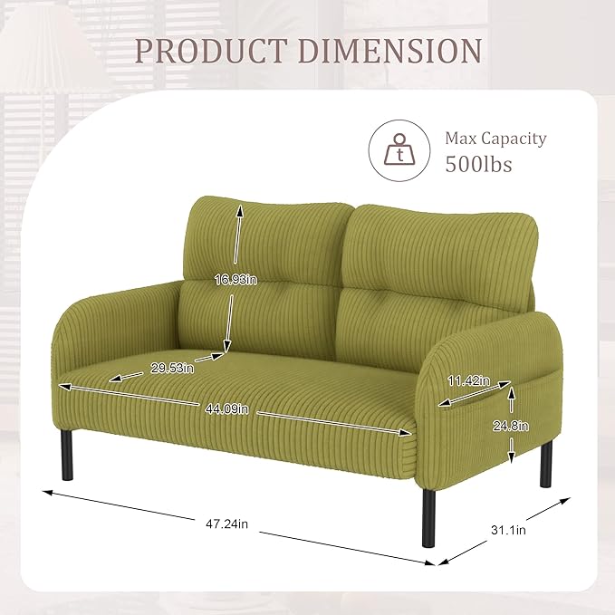 Loveseat Sofa 47” Small Sofa Couch for Living Room Comfy Corduroy Fabric Love Seat for Bedroom with Throw PillowRemovable Cushion CoverCouches for Small SpaceApartmentDorm (Olive Green) | suitab