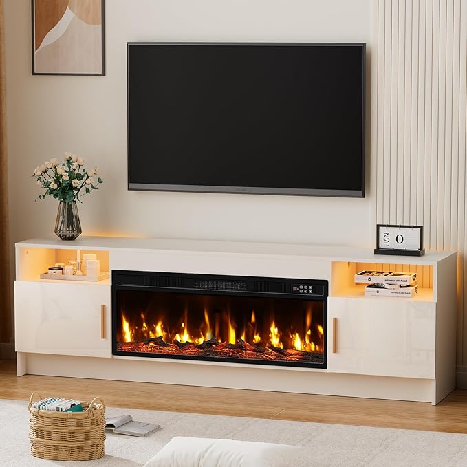 70'' TV Stand with Fireplace Realistic 3D Log Flame White Entertainment Center for 80 inch TV- TV Cabinet with LED Light High Glossy Door Modern TV Console for Living Room