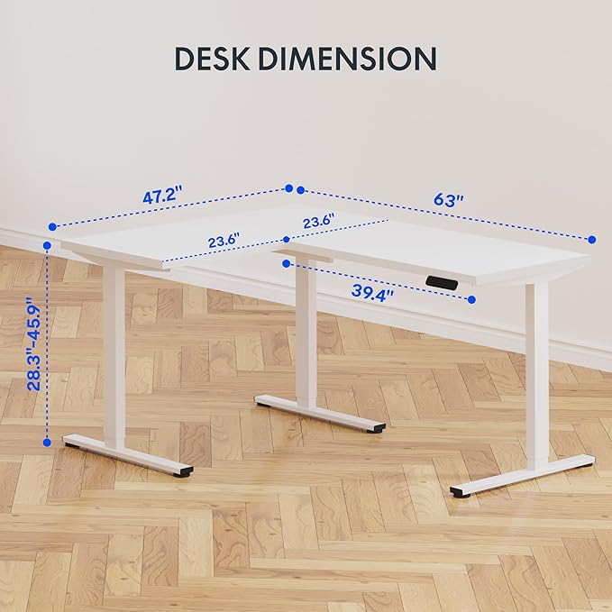 FLEXISPOT L Shaped Standing Desk 63 x 47 Inch Electric Height Adjustable Corner Desk Sit Stand Computer Workstation Preset Controller Home Office White Frame with White Top