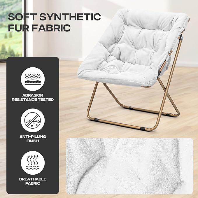 Cozy Saucer Chair Living Room Chair Faux Fur Soft Thick Padded Folding Chair Comfortable Square Moon Chair for Living Room Bedroom Reading Nook Modern Style 2 Pack White