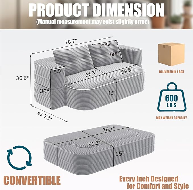 78.7-inch Folding futon Sofa Bed Full-Size Convertible Sleeper Couch Bed Memory Sponge Double Sofa with Comfortable Mattress Suitable for Living Room and Guest Room (light gray 78.7 inches)