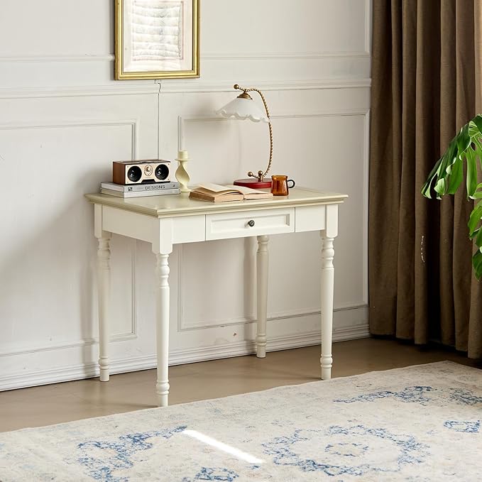 French Country Style Writing Desk35''Solid Wood Farmhouse Computer Table with DrawersSolid Wood Vanity Dressing Desk Simple Style for Home Office Study Bedroom (Beige 35in)