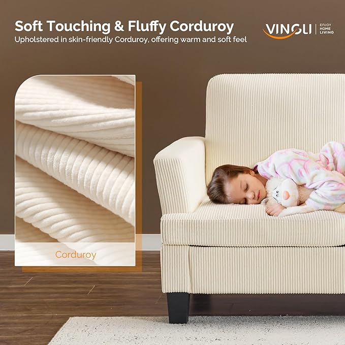 VINGLI Beige 83 Sofa Couches for Living Room Corduroy Modern Comfy 3 Seater Couch 25.6 Deep Seat Upholstery Cozy Sofas for Small Space Bedroom Apartment Home Office