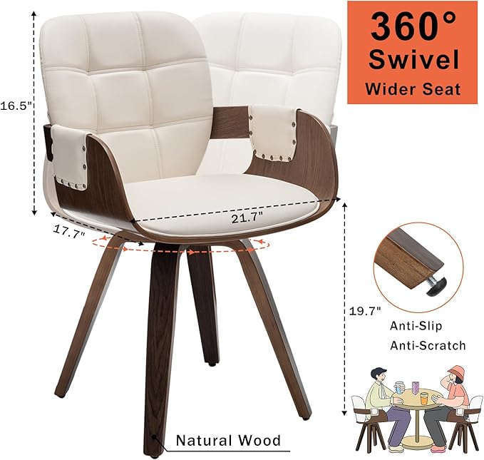 Set of 2 Swivel Dining Chairs - Mid Century Modern Dining Chairs with Arms and Curved Back Faux Leather Bentwood Versatile for Living Room/Reception/Conference Room/Kitchen/Desk (Walnut Beige)