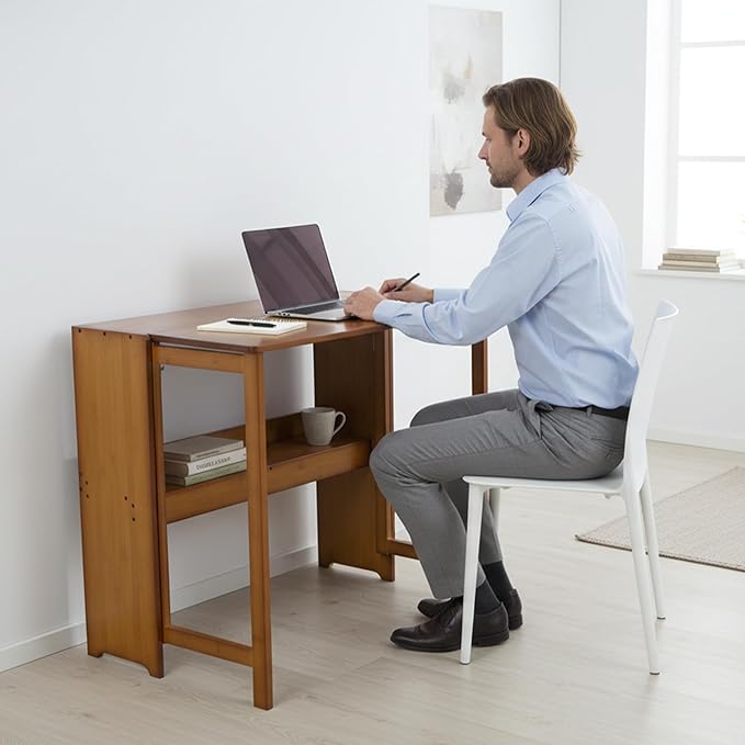 Wood Foldable DeskSpace Saving Foldable Table Bamboo Folding Desk Study Table with Bookshelf for Office Home Study Bedroom
