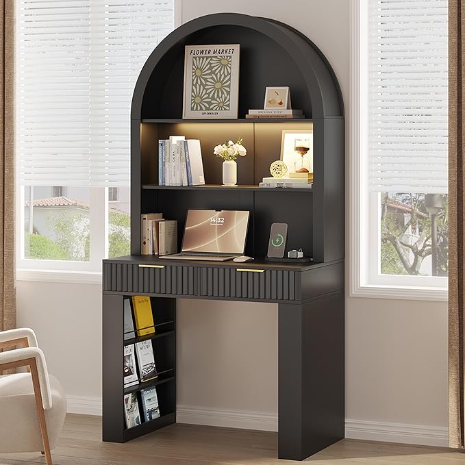 Arched Writing Desk with Hutch Home Office Desk with 2 Drawers Secretary Desk with Outlets 3 Color LED Lights Open Shelves Computer Desk for Small Space Bedroom 35.4 W x 70.8 H (Black)
