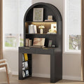 Arched Writing Desk with Hutch Home Office Desk with 2 Drawers Secretary Desk with Outlets 3 Color LED Lights Open Shelves Computer Desk for Small Space Bedroom 35.4 W x 70.8 H (Black)