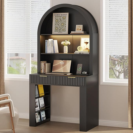 Arched Writing Desk with Hutch Home Office Desk with 2 Drawers Secretary Desk with Outlets 3 Color LED Lights Open Shelves Computer Desk for Small Space Bedroom 35.4 W x 70.8 H (Black)