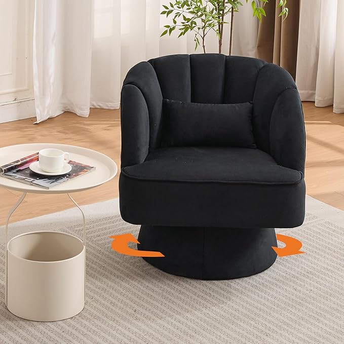 GarveeHome Modern Swivel Barrel Accent Chair 360° Teddy Fabric Upholstered Armchair with Striped Backrest &amp Plush Padding Comfy Round Lounge Chair for Living Room Bedroom Reading Nook Black 2