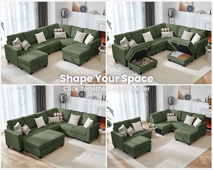 CHIC HOUSE Modular Sectional Couch| Corduroy L Shaped Sleeper Sofa U-Shape Sofa Bed Convertible Chaise with Storage Ottoman for Living Room Modern Furniture (8 Seater L-Shaped Green)