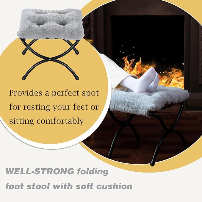 15 Foldable Foot Stool Ottoman with Metal Frame - Washable Faux Fur Grey Upholstered Indoor/Outdoor Footrest for Living Room Bedroom Patio - Space-Saving Compact Design