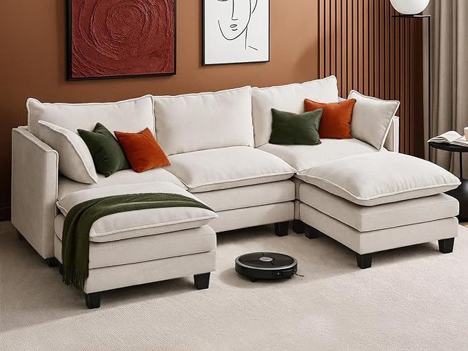 111” Modular Sectional Sofa L Shaped Cloud Couch with Ottoman Chenille Deep Seat Sofa with Pillow for Living Room Bedroom and Apartment5 Seats Beige