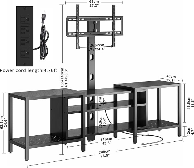 IRONCK 79 Inch TV Stand for TVs up to 85 Inch with Mount and Power Outlet 3 Tiers TV Console with Storage Shelves Entertainment Center Steel Frame for Living Room Bedroom Black