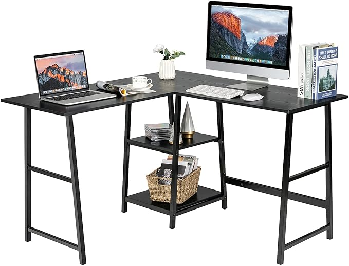 Tangkula L Shaped Desk Space Saving Corner Desk w/ 2 Tier Storage Shelves Study Writing Desk Workstation with Reinforced Metal Frame Home Office Desk (Black)