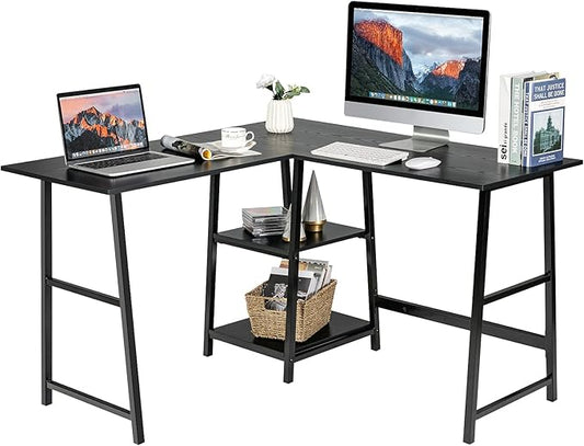 Tangkula L Shaped Desk Space Saving Corner Desk w/ 2 Tier Storage Shelves Study Writing Desk Workstation with Reinforced Metal Frame Home Office Desk (Black)