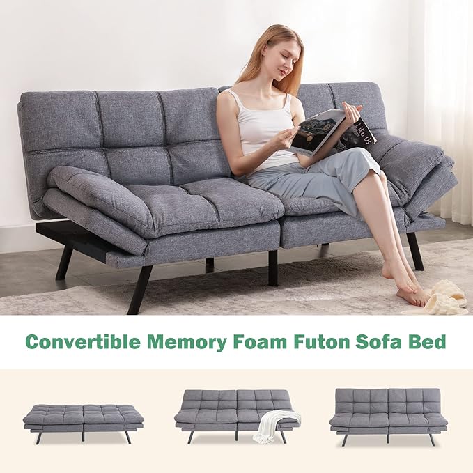 Vyfipt Futon Bed/CouchGrey Polyester Memory Foam Small Splitback Easy-Convert Backrests&ampArmrestsStain-Resistant Fabric Sofas 71x33x31.5