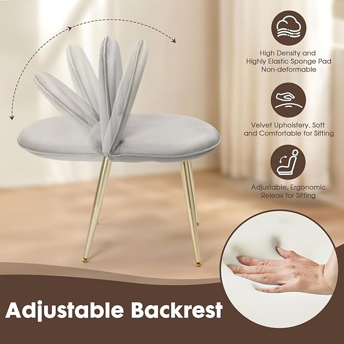 Vanity Chair with Adjustable Backrest Boucle Upholstery Armless Makeup Stool Gray Velvet Vanity Stool with Gold Metal Legs for Bedroom Living Room Kitchen Dinning Room(Velvet Gray)