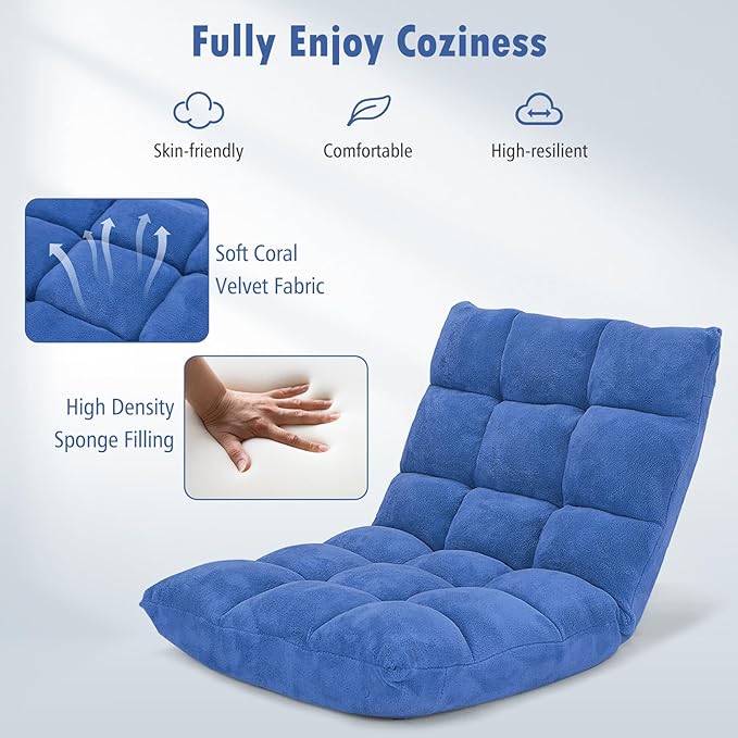 Moccha 14-Position Floor Sofa Folding Sofa Chair with Back Support Memory Foam Floor Gaming Chairs for Adults Adjustable Padded Couch Recliner Chaise Lounge for Reading Meditating (Blue)
